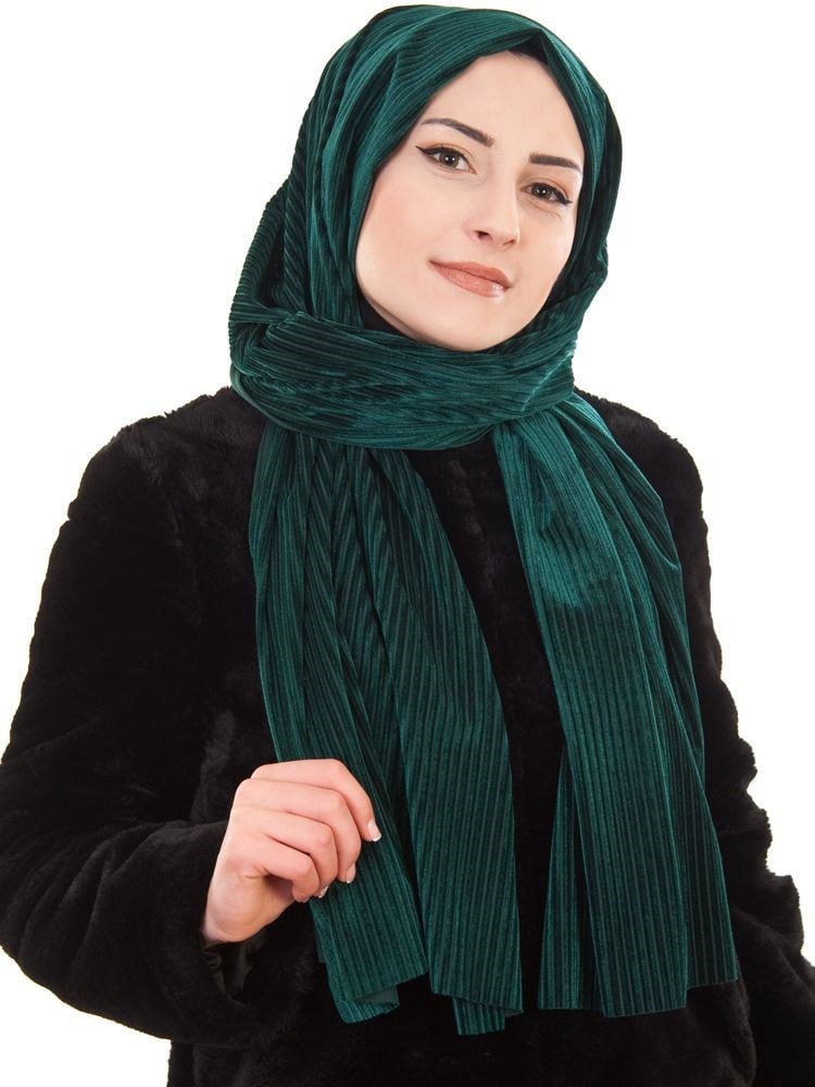 Kadife Pliseli Şal Zümrüt Yeşili
