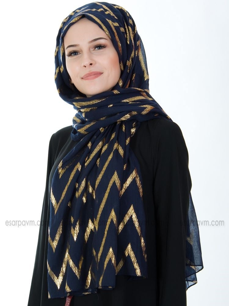 Kroren Varaklı Pamuksu Şal Lacivert-Gold