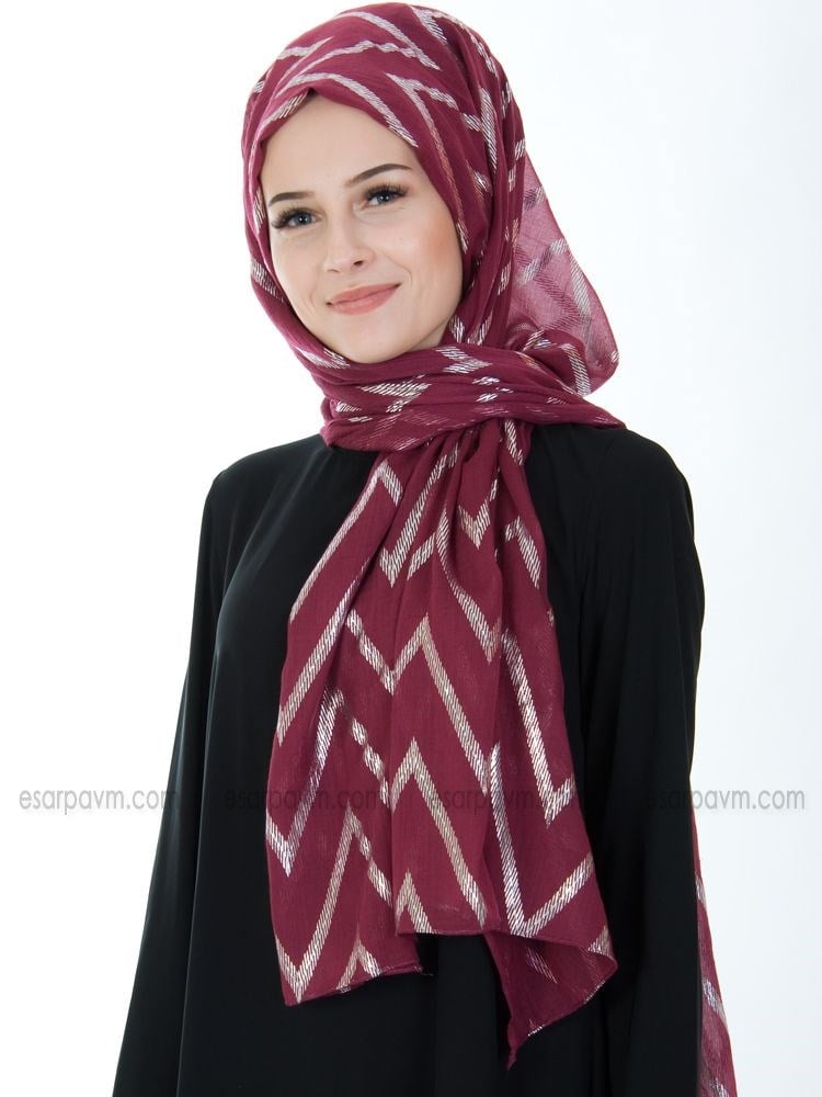 Kroren Varaklı Pamuksu Şal Vişne-Gümüş