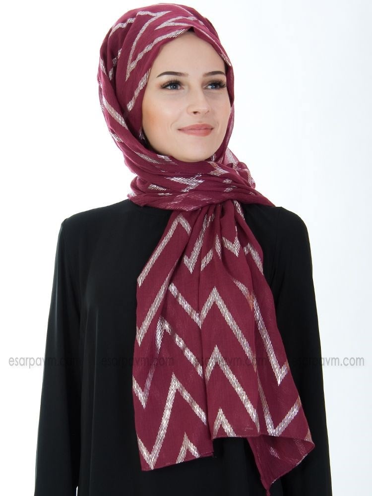 Kroren Varaklı Pamuksu Şal Vişne-Gümüş