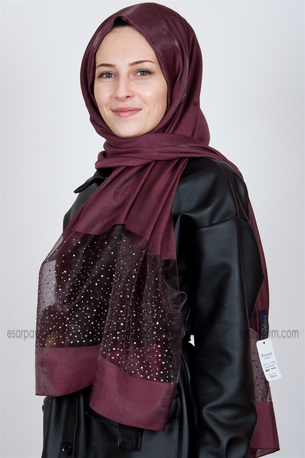 Piramit Exclusive Taşlı Şal Vişne