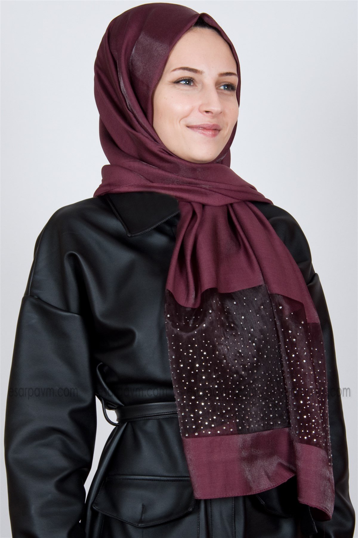 Piramit Exclusive Taşlı Şal Vişne