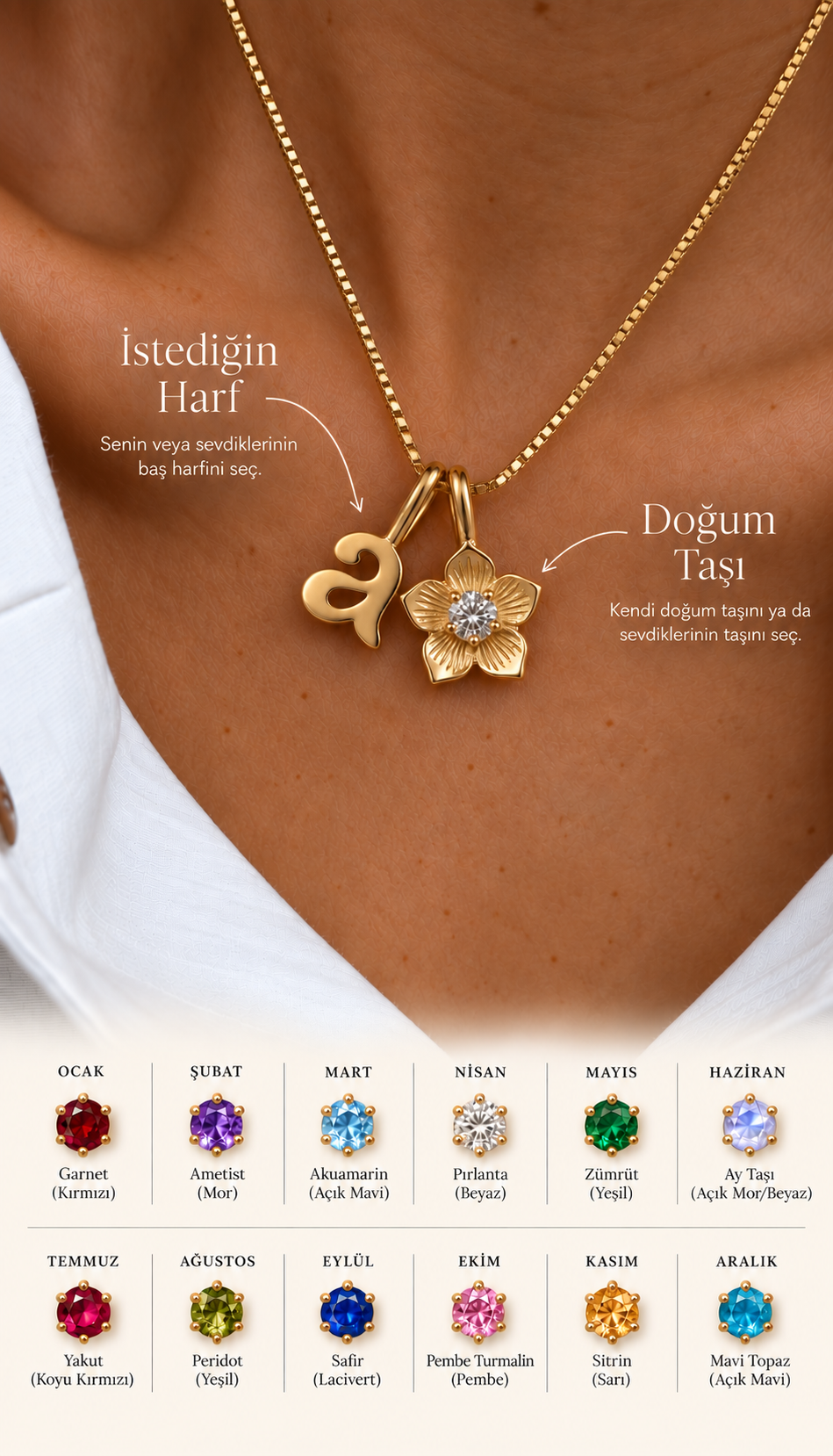 Çiçek Detaylı Doğum Taşlı Harf Kolye