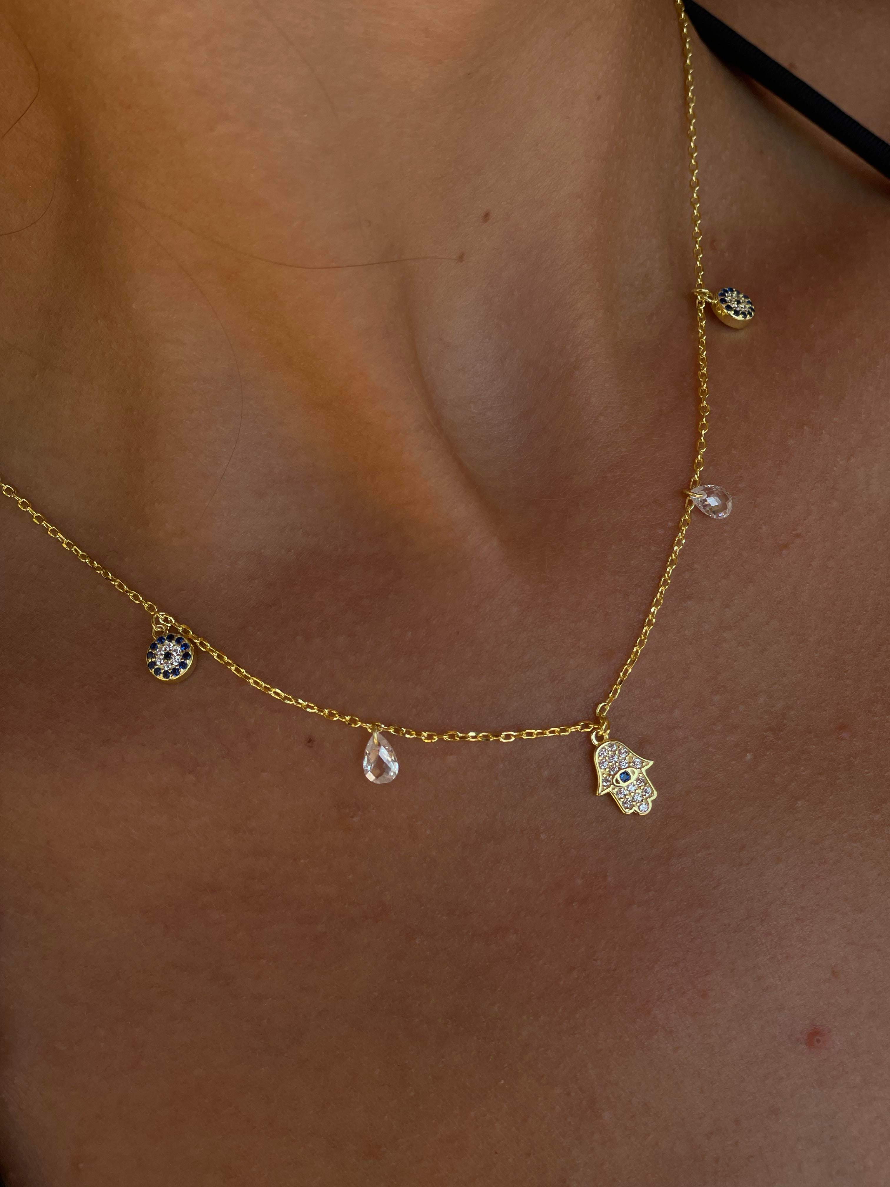 Hamsa , Nazar Boncuğu ve Taş Detaylı Kolye