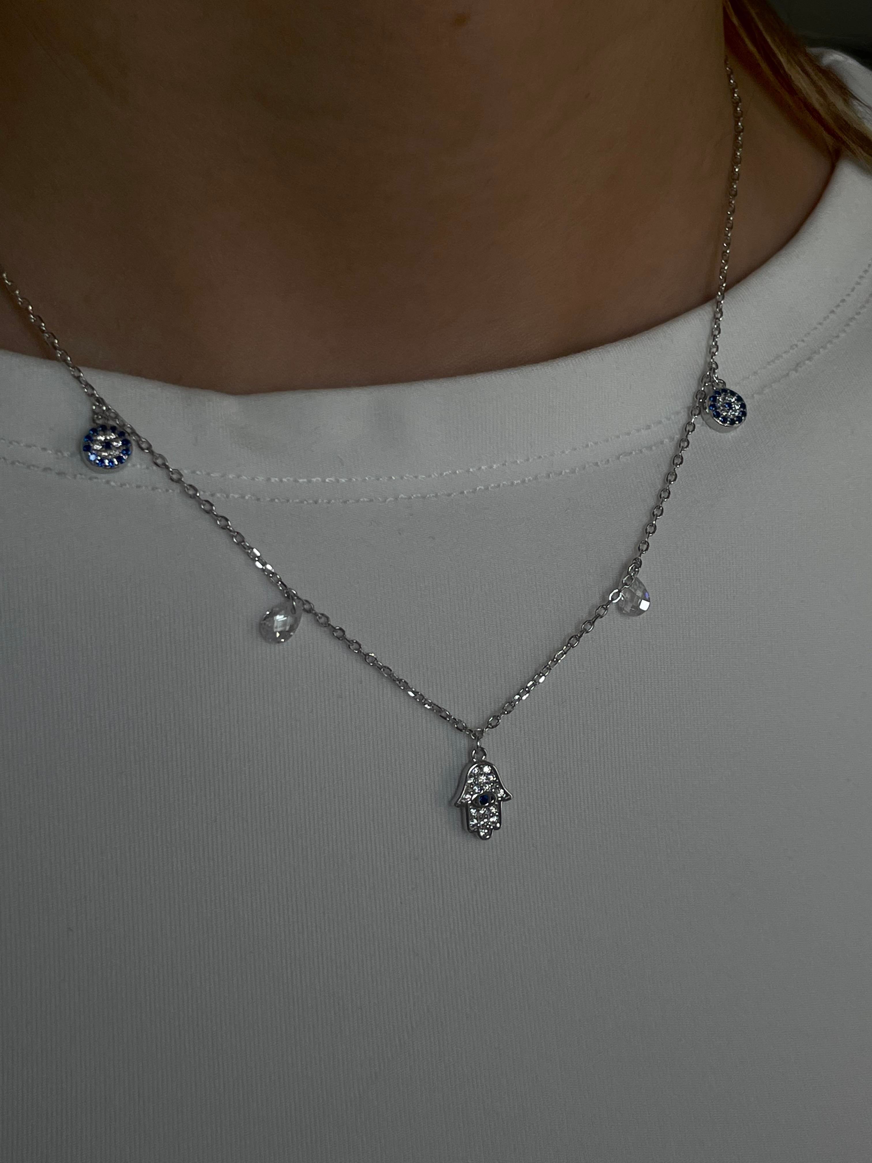 Hamsa , Nazar Boncuğu ve Taş Detaylı Kolye