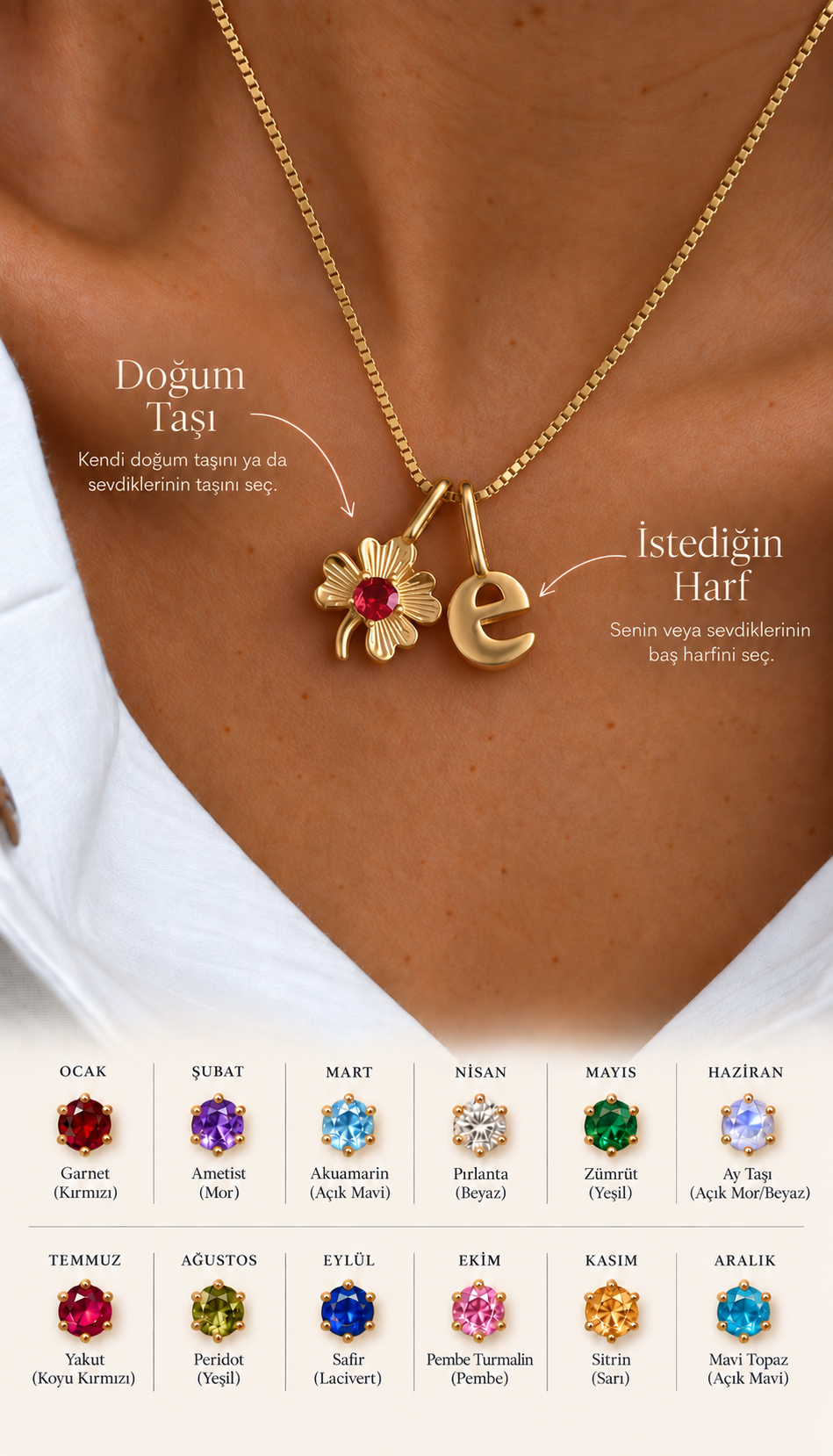 Yonca Detaylı Doğum Taşlı Harf Kolye
