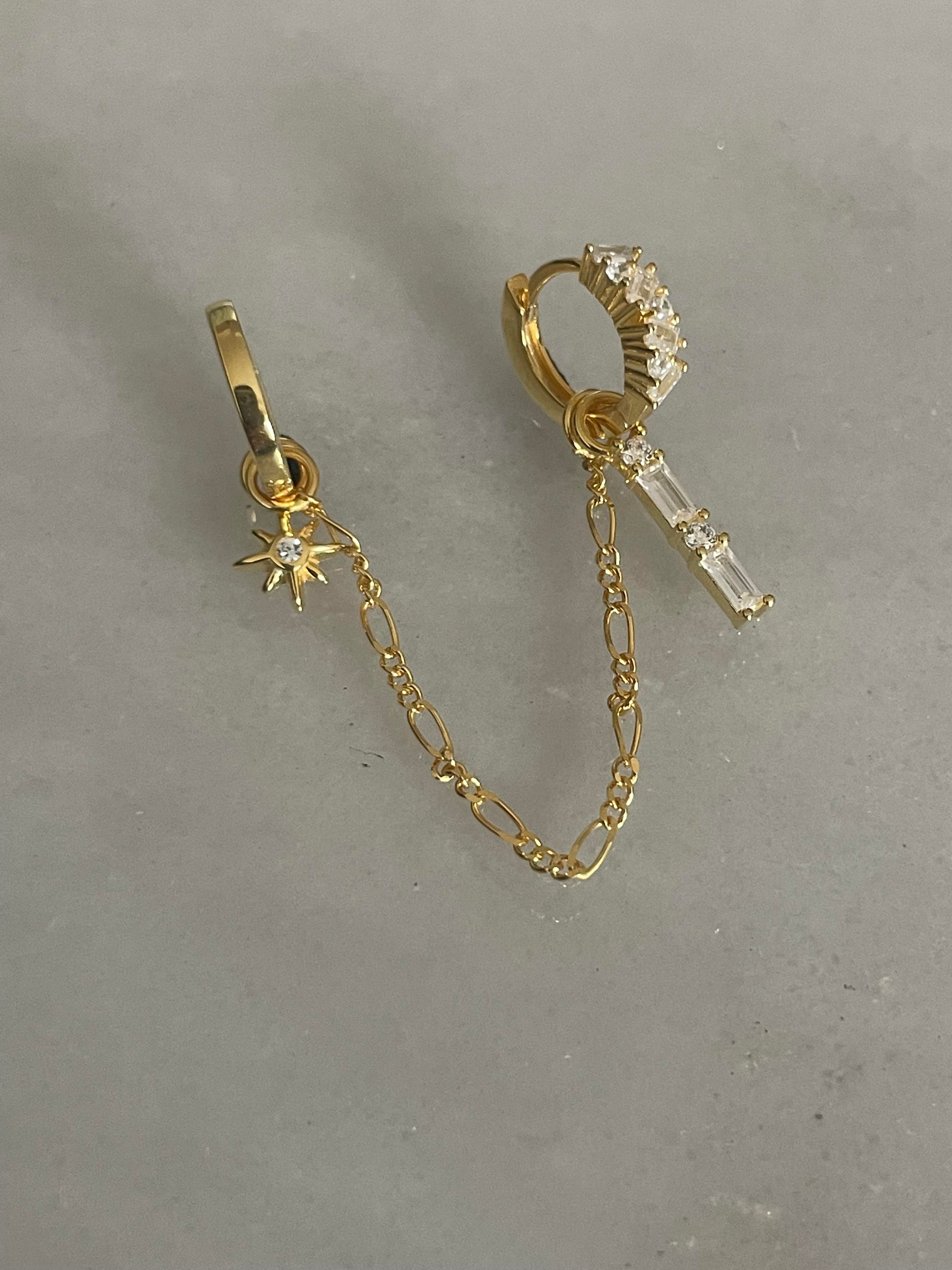 Zincir Detaylı Baget Taşlı Halka Küpe
