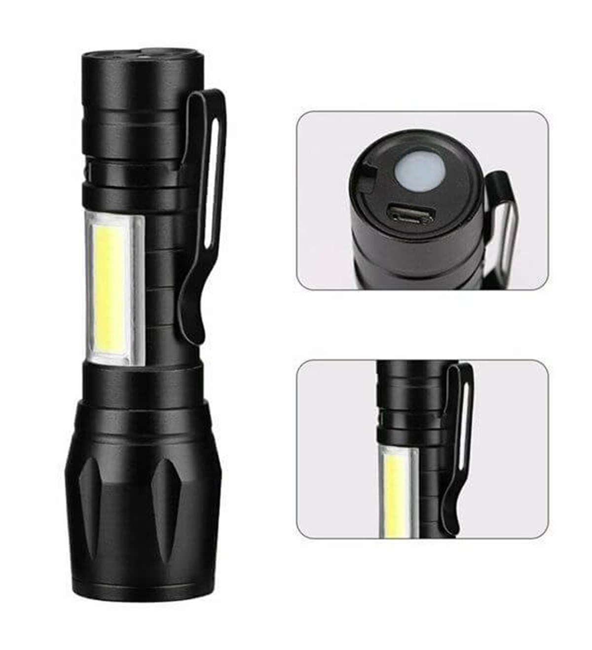 Şarjlı Mini El Feneri 2mod + Yan Led 3w Çakarlı