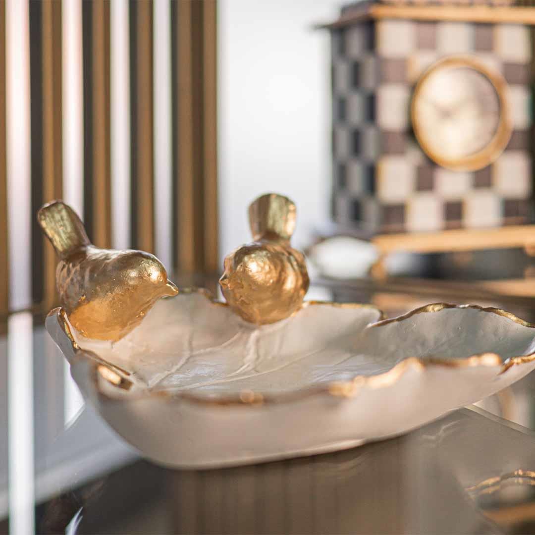 Dekoratif Kuşlu Tabak Beyaz Gold