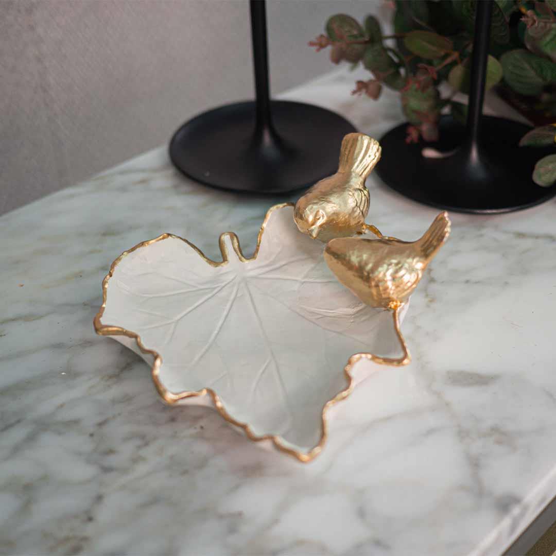 Dekoratif Kuşlu Tabak Beyaz Gold