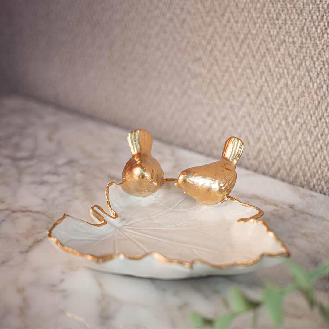 Dekoratif Kuşlu Tabak Beyaz Gold