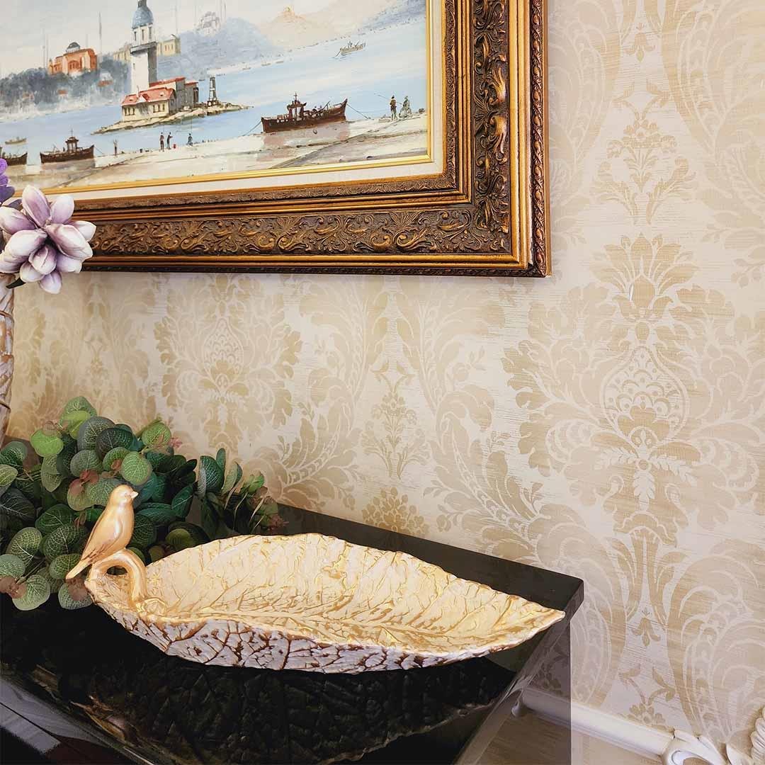 Dekoratif Kuşlu Tabak Krem Gold
