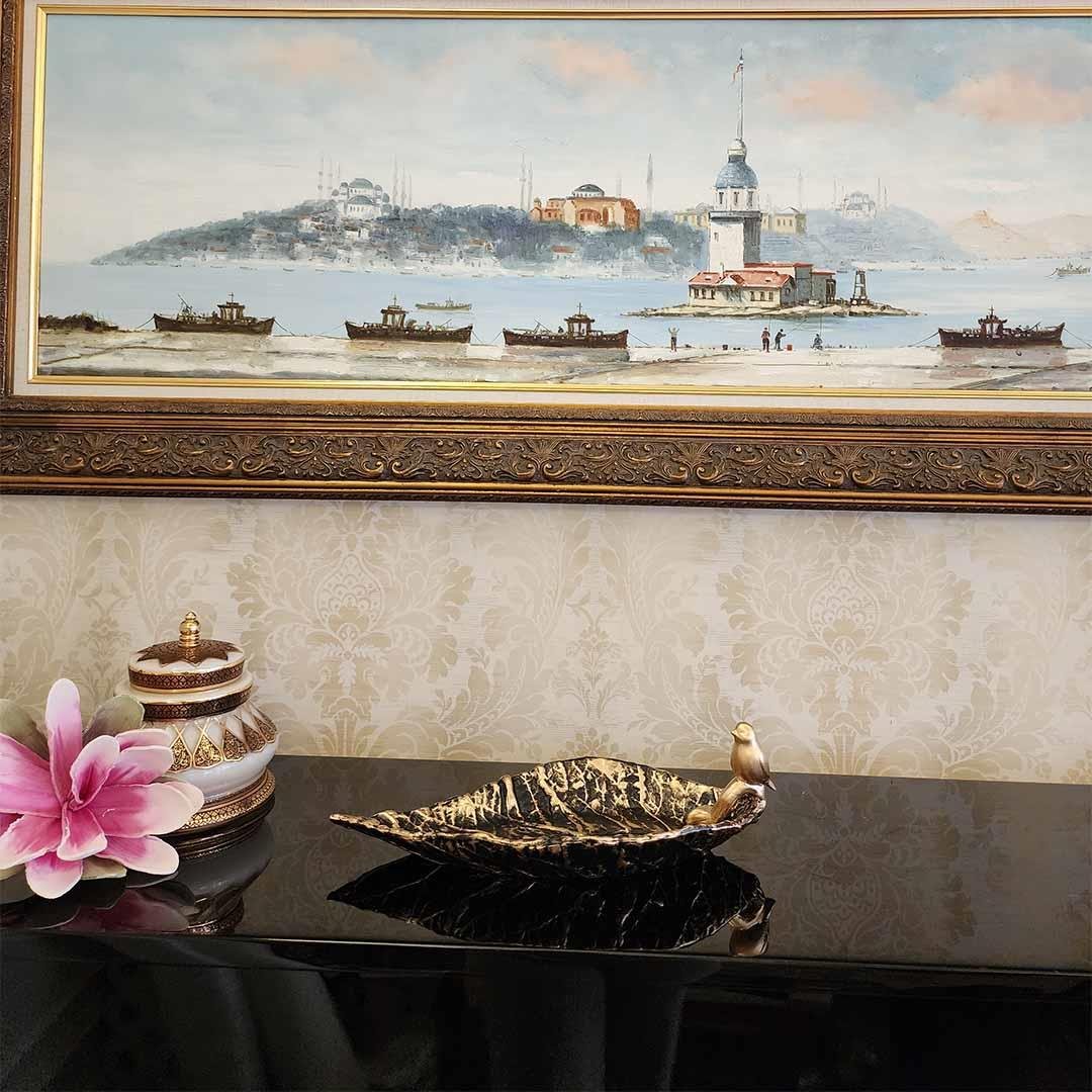 Dekoratif Kuşlu Tabak Siyah Gold