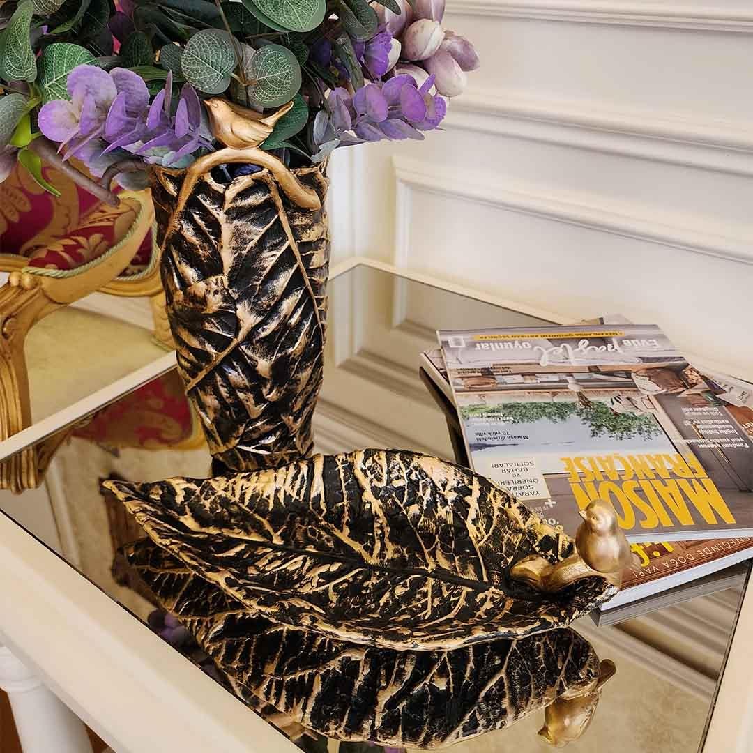 Dekoratif Kuşlu Vazo Tabak 2li Set Siyah Gold