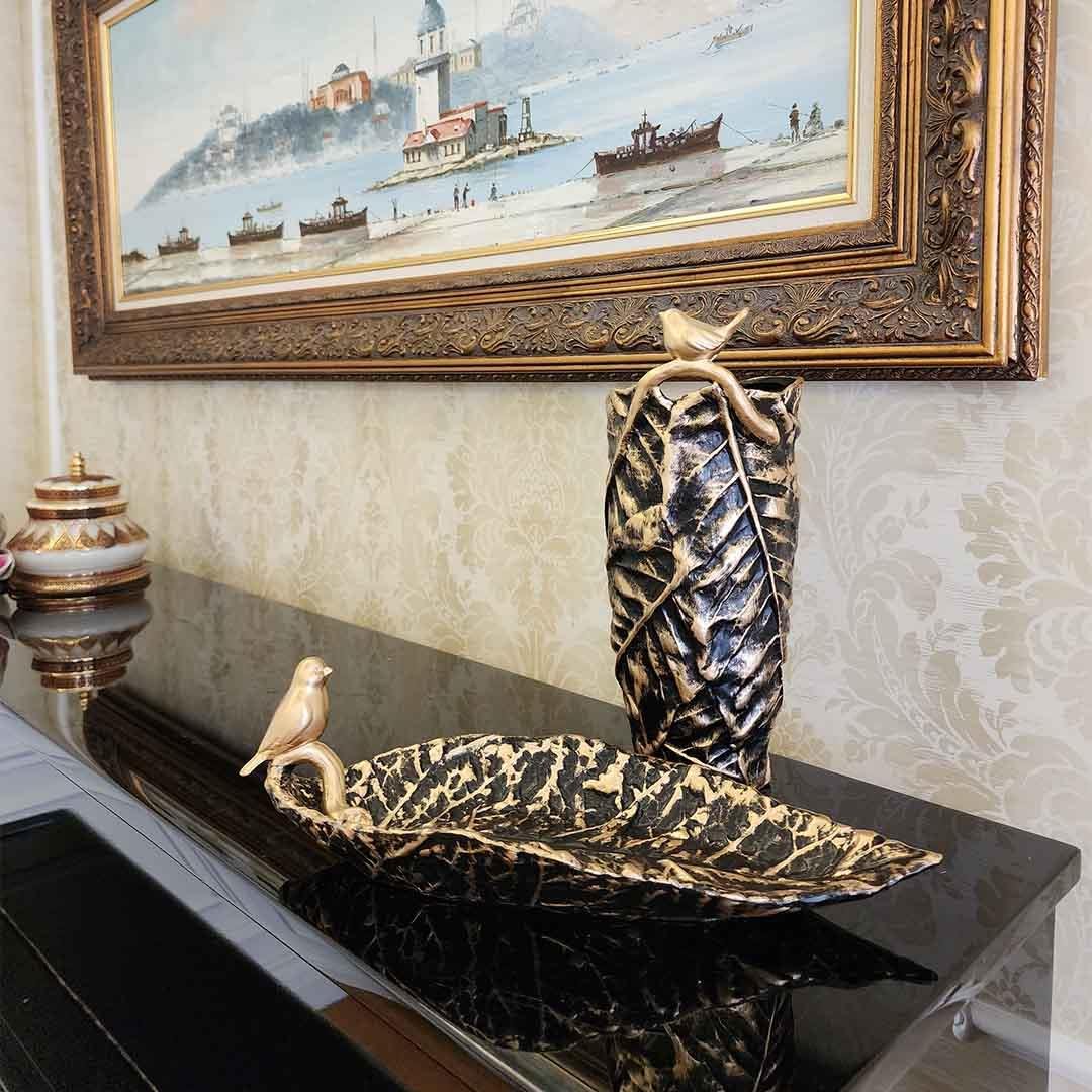 Dekoratif Kuşlu Vazo Tabak 2li Set Siyah Gold
