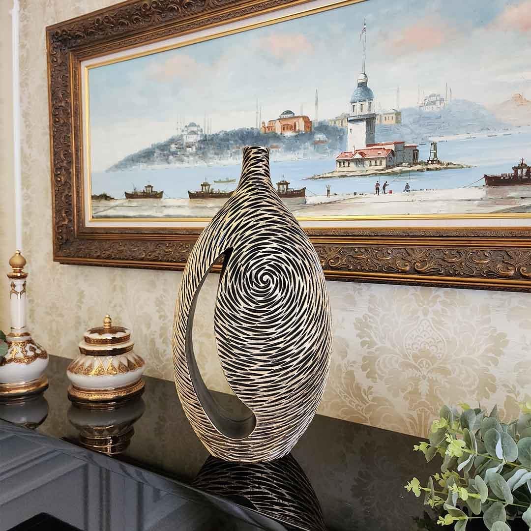Desenli Büyük Boy Vazo Siyah Gold 