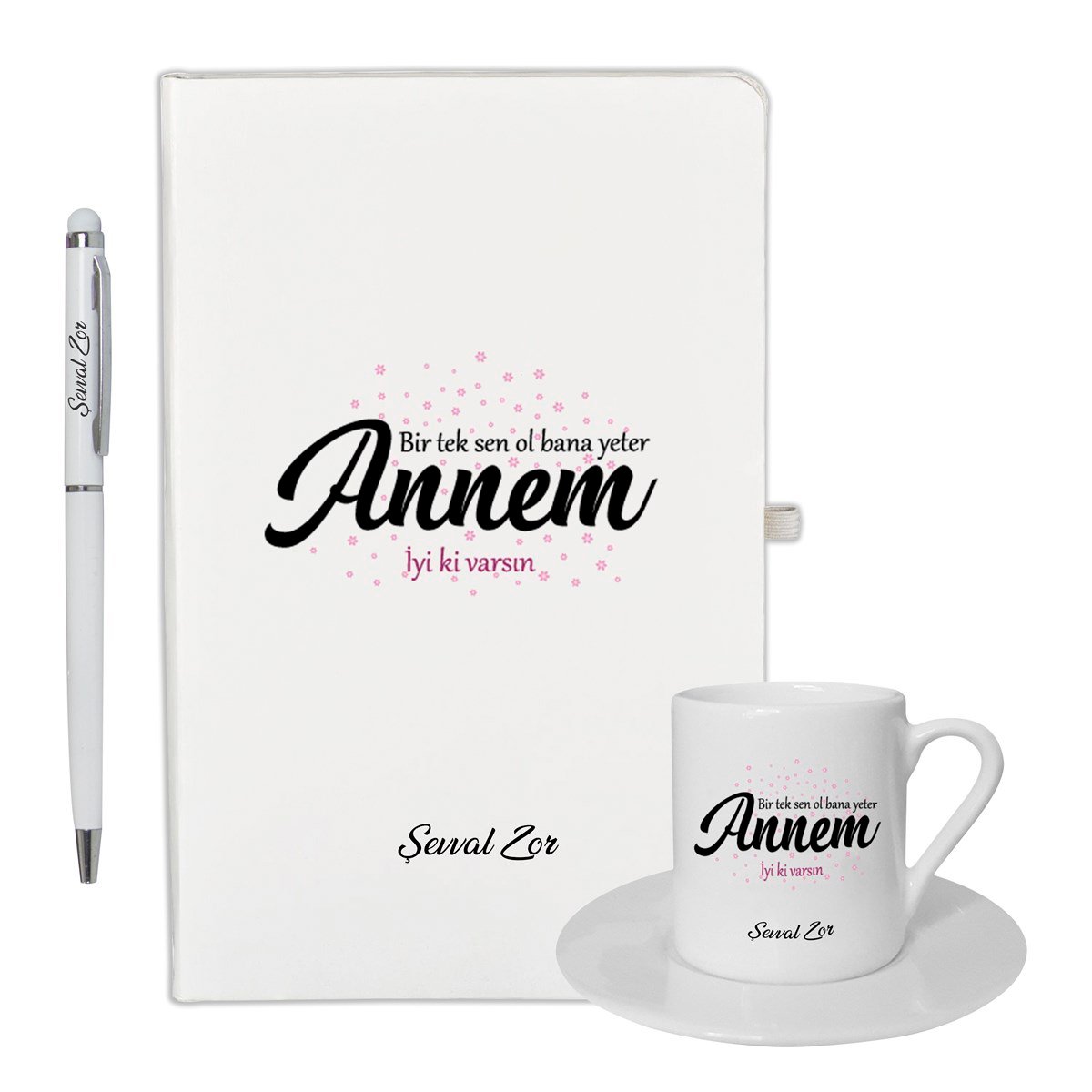  İsme Özel Defter Kalem ve Kahve Fincan Seti - Anne Sevgisi