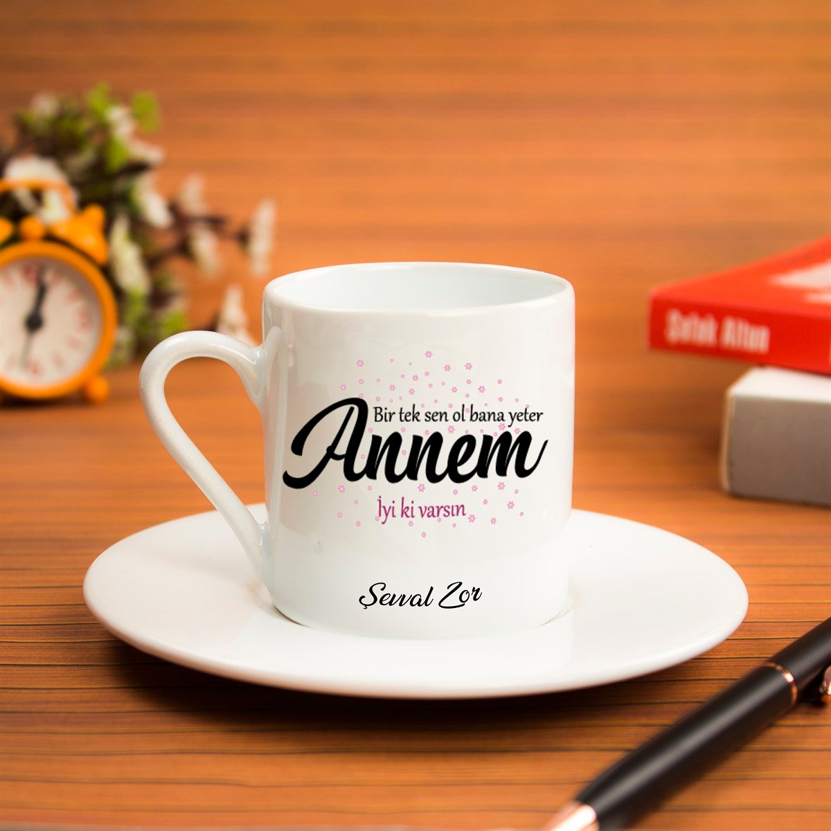  İsme Özel Defter Kalem ve Kahve Fincan Seti - Anne Sevgisi