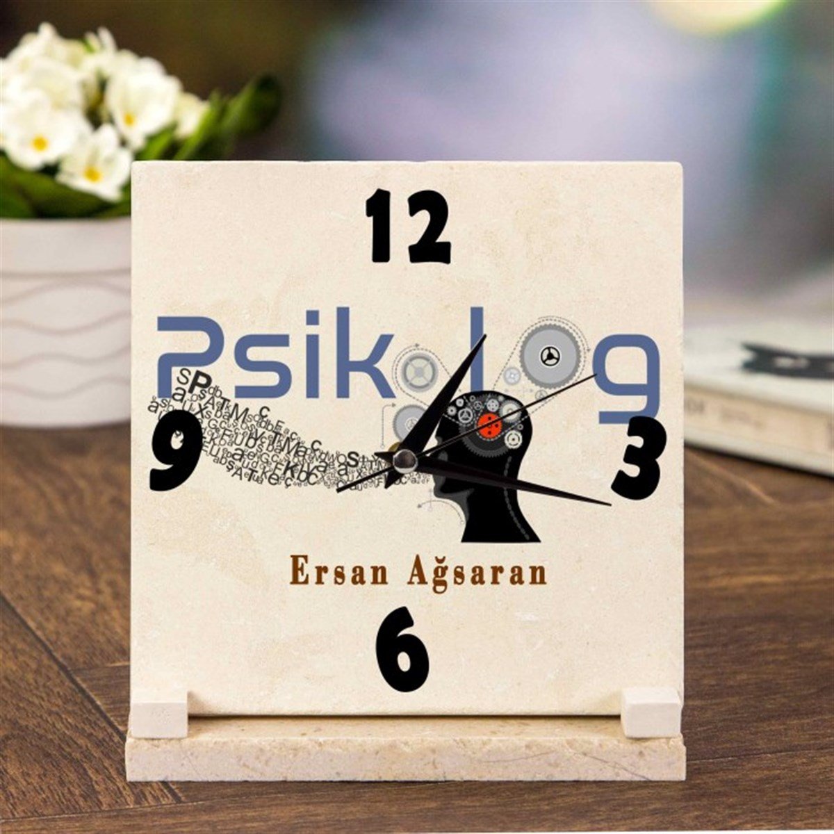 Kişiye Özel Baskılı Masaüstü Dekoratif Kare Taş Saat - Psikolog
