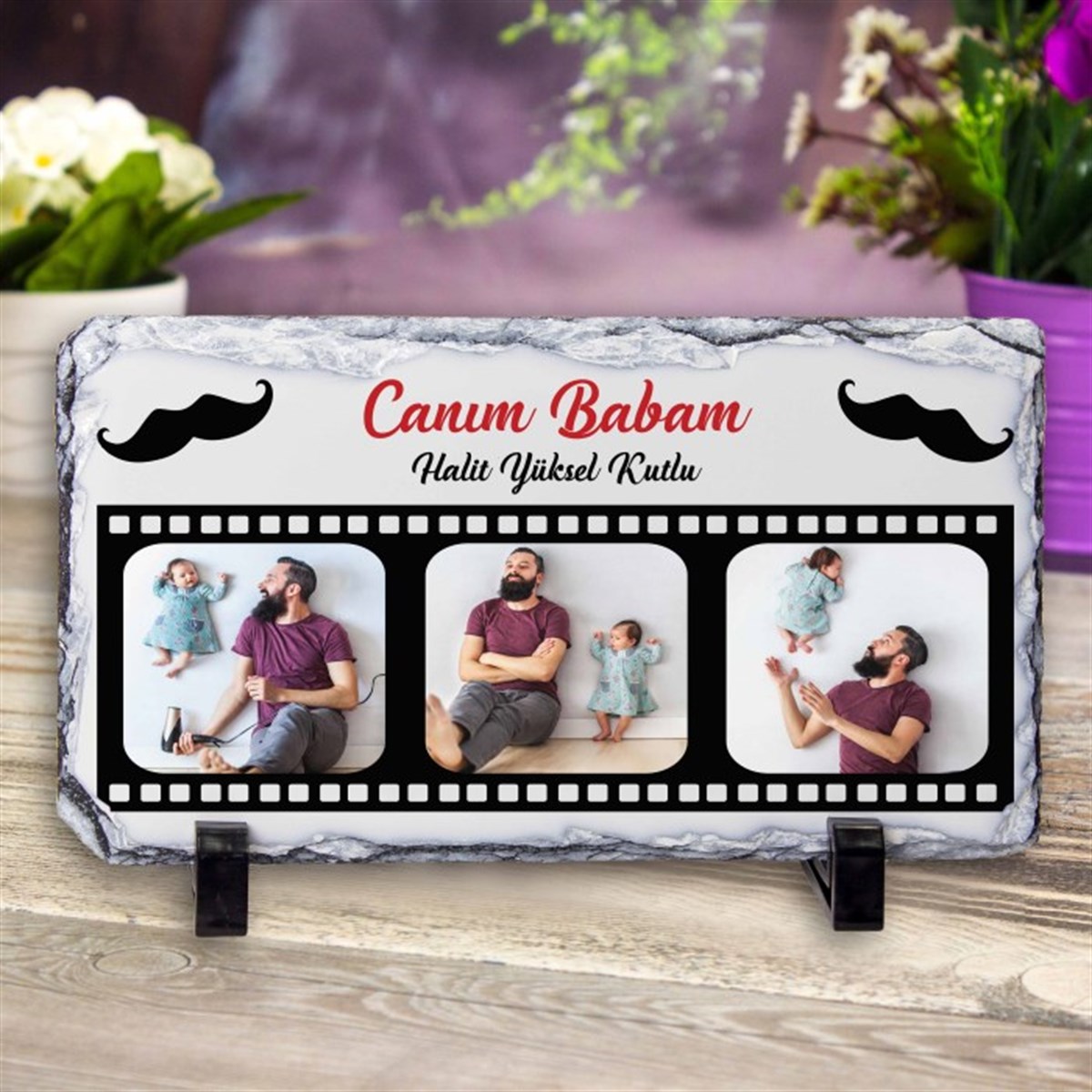  Kişiye Özel Fotoğraf Baskılı Masaüstü Dikdörtgen Granit Taş - Canım Babam