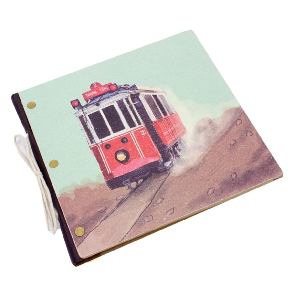 Ahşap Kapaklı Tramvay Temalı Eskitme Hatıra Defteri Model 3