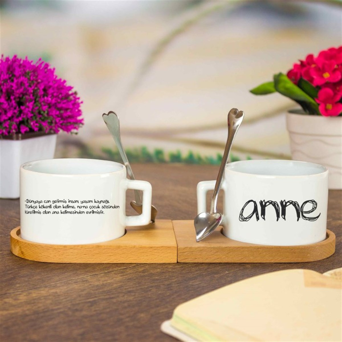 Ahşap Tepsili Kahve Çay Fincanı Seti - Anne