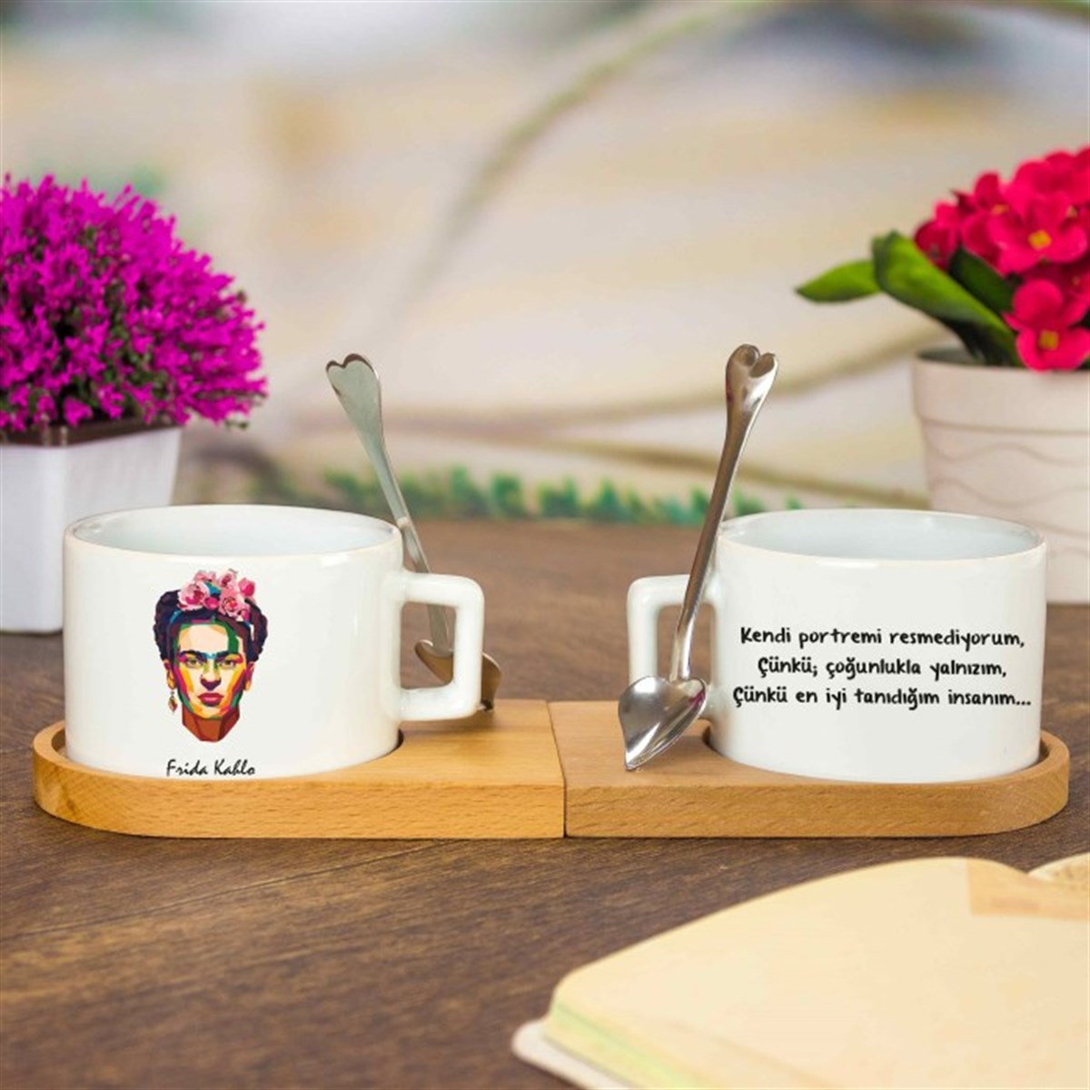 Ahşap Tepsili Kahve Çay Fincanı Seti - Frida Kahlo