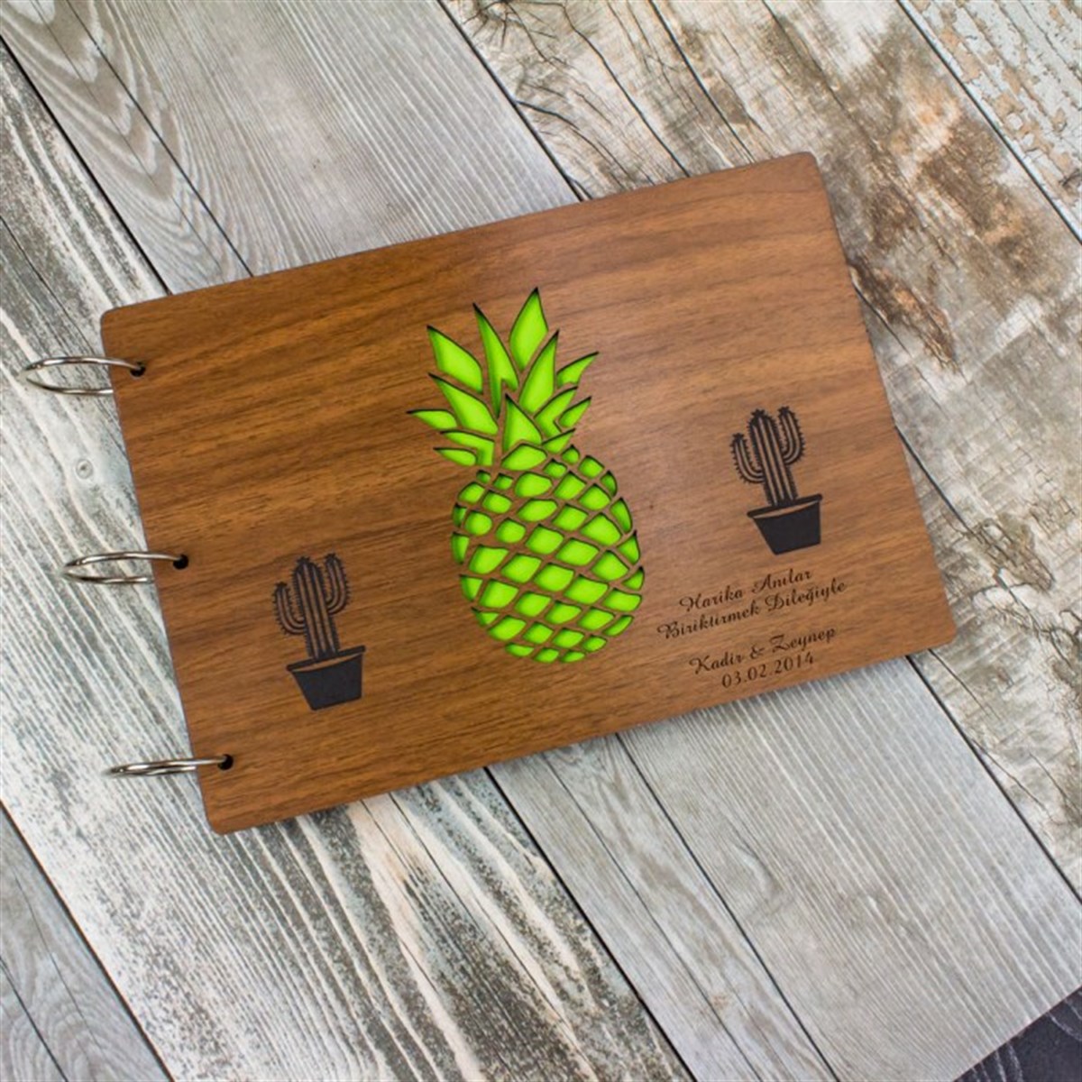 Ananas Temalı Ahşap Kapaklı Kendin Tasarla Albüm Defter