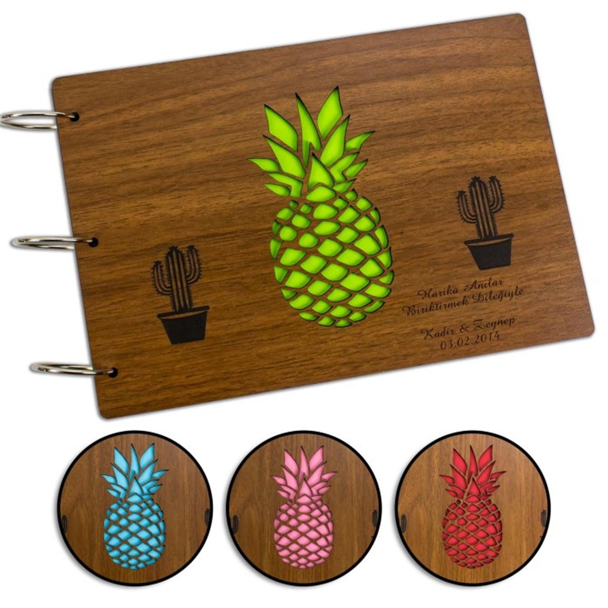 Ananas Temalı Ahşap Kapaklı Kendin Tasarla Albüm Defter