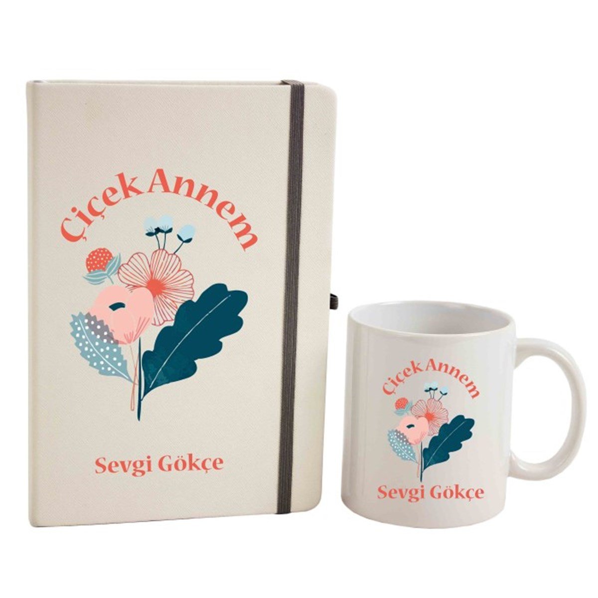 Anneler Günü Hediyesi İsme Özel Defter ve Kupa Bardak Seti - Çiçek Annem