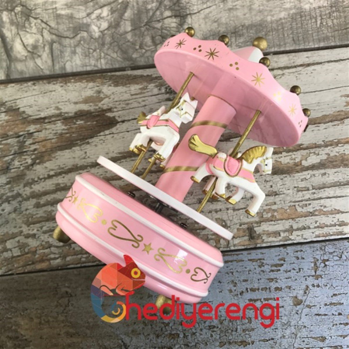 Atlı Karınca Müzik Kutusu Büyük Boy Pembe Beyaz 