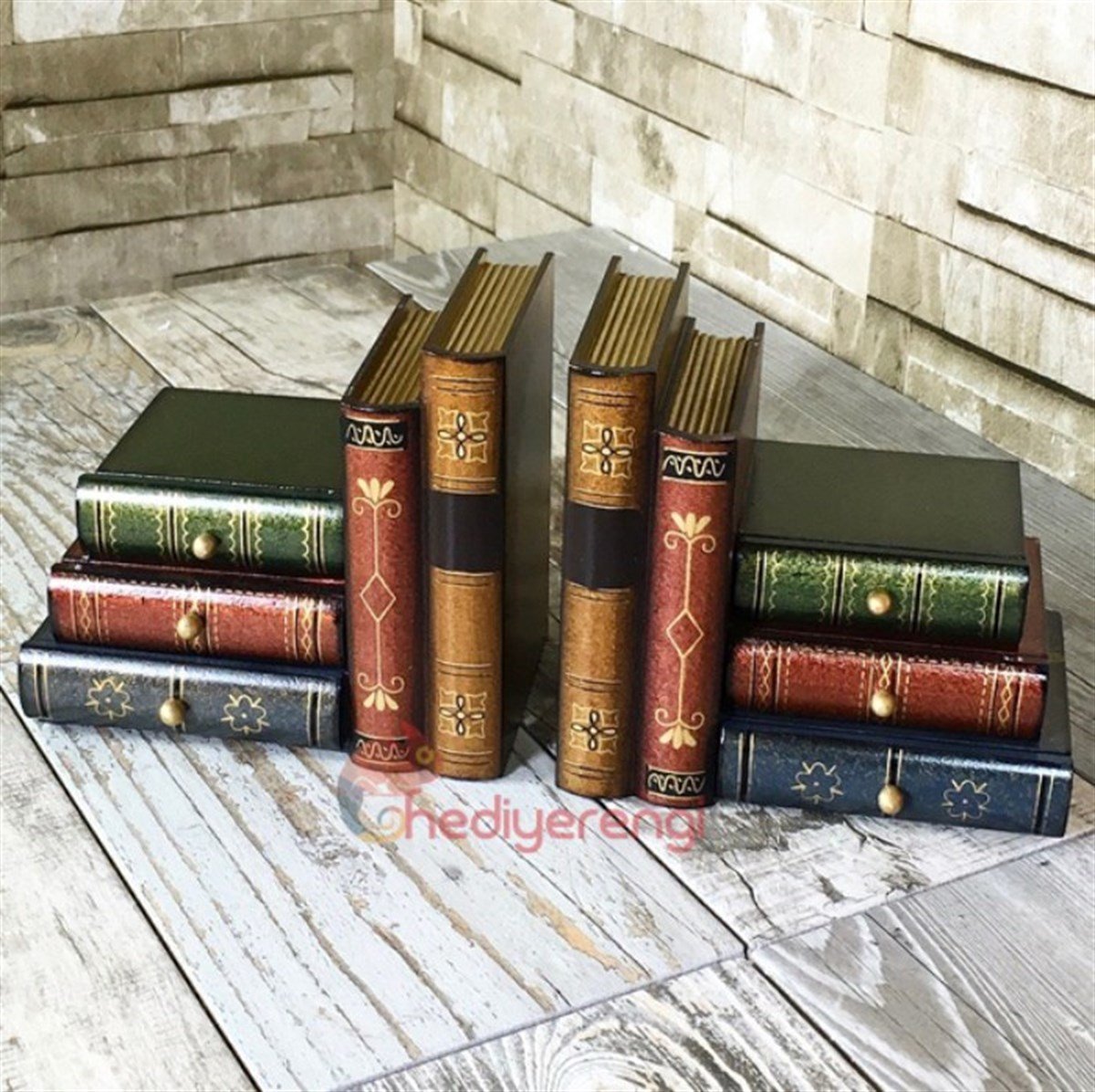 Çekmeceli Kitaplar Çift Taraflı Ahşap Kitap Tutucu