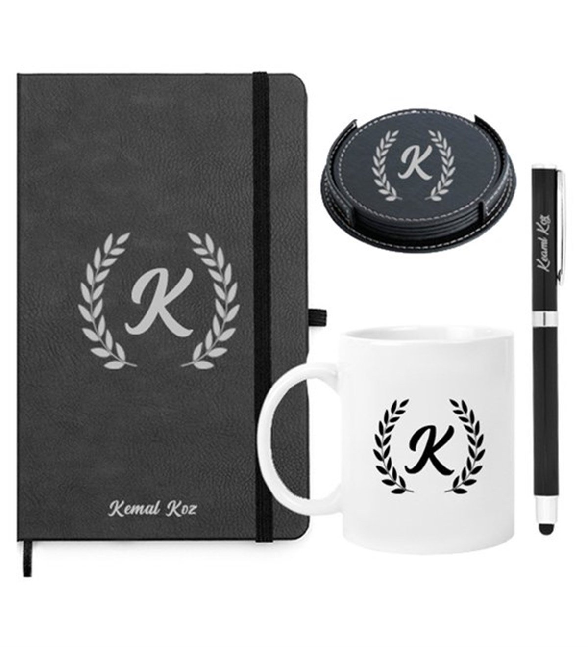 Defter Kalem 4'lü Bardak Altlığı ve Kupa Bardak İsme Özel Ofis Seti