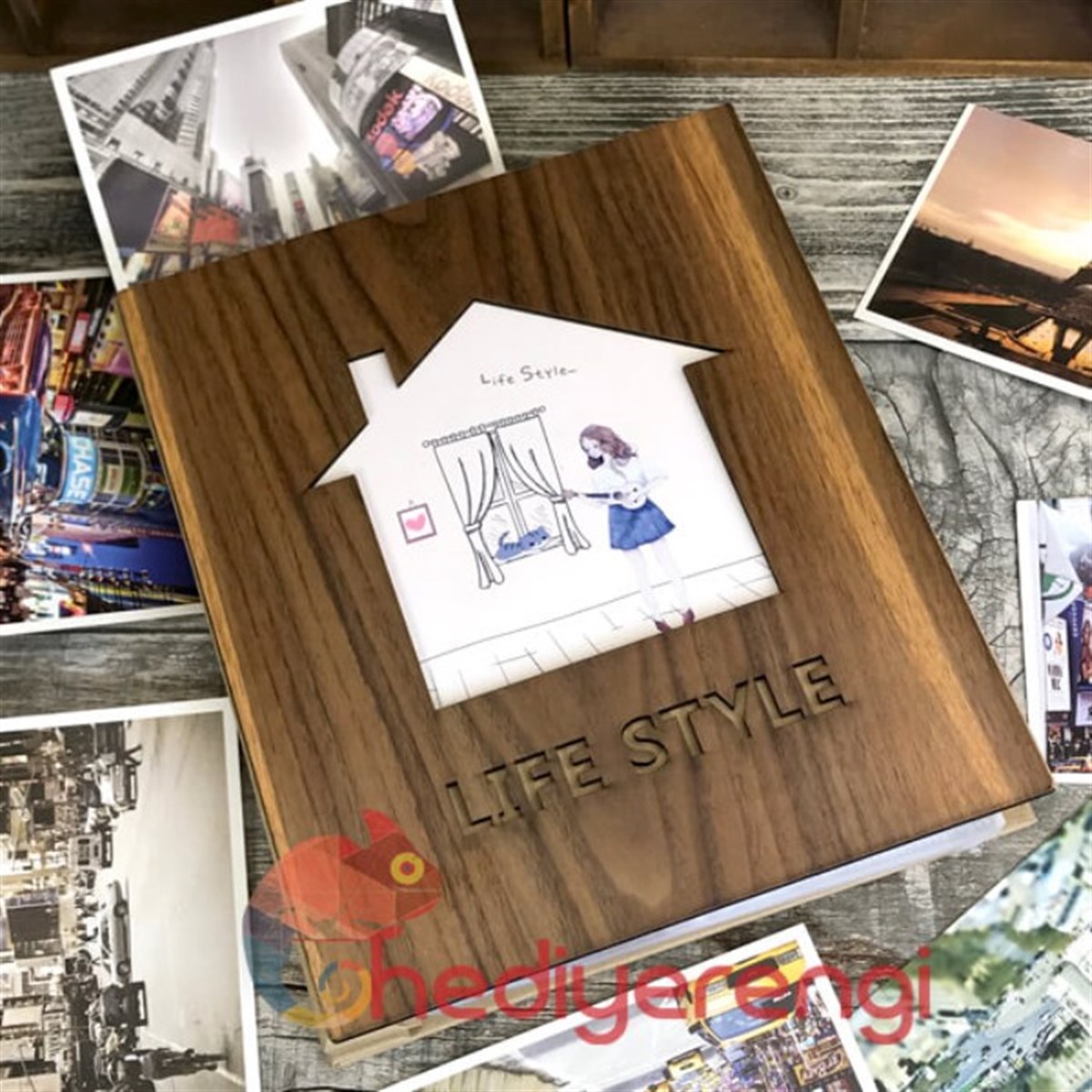 Ev Temalı Ahşap Kapaklı Kendin Yap Albüm Defter