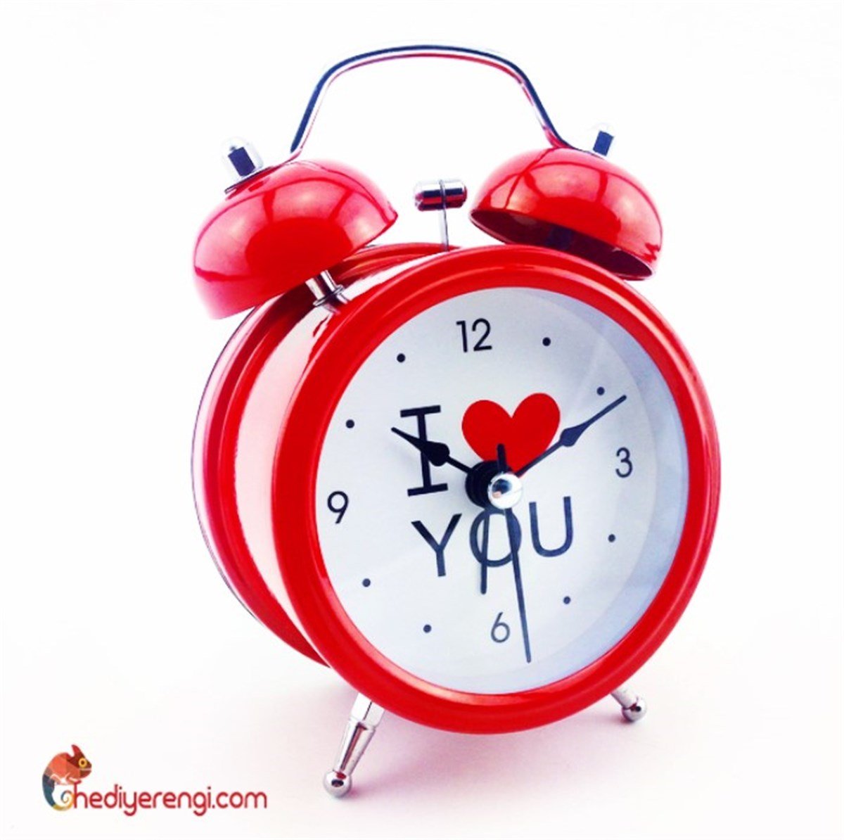 I Love You Temalı Kırmızı Metal Çalar Saat