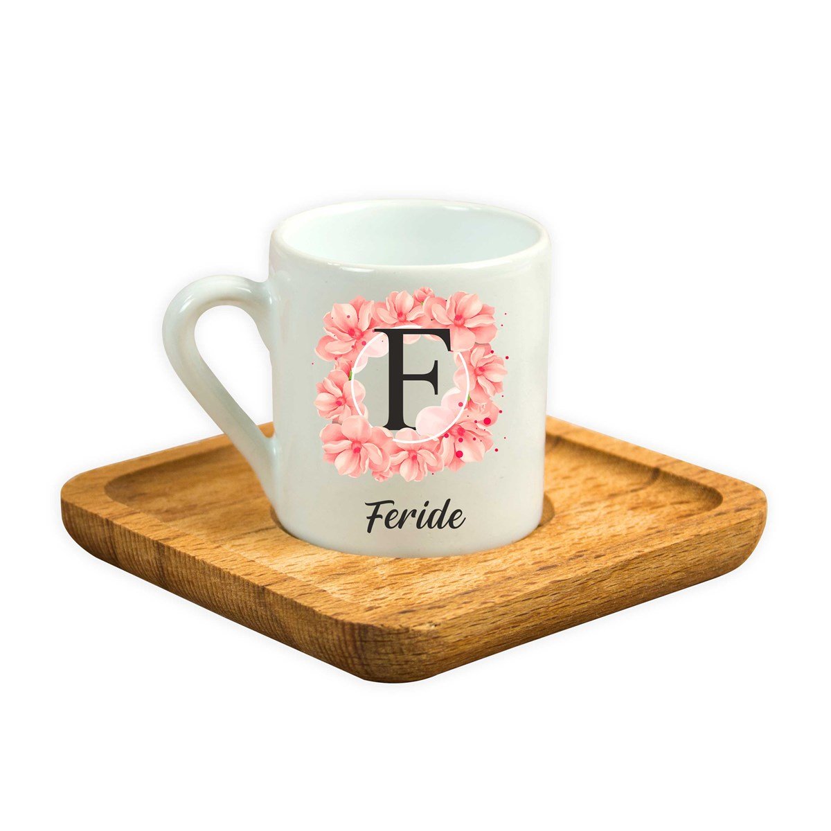 İsme Özel  Ahşap Tepsili Pembe Çiçek Tasarımlı Fincan Seti