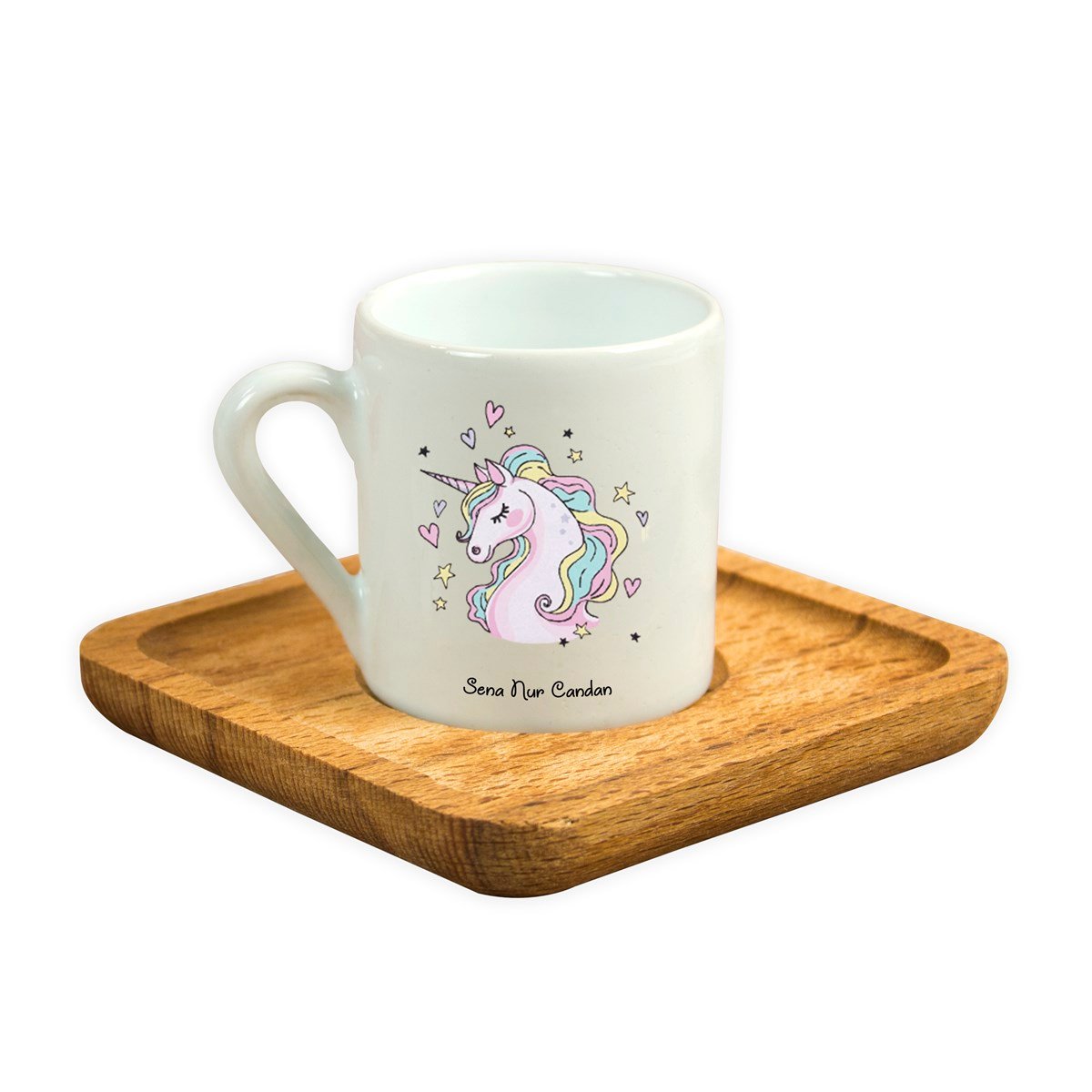 İsme Özel Ahşap Altlıklı Fincan Seti - Unicorn M2