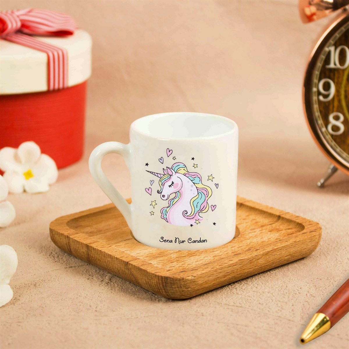 İsme Özel Ahşap Altlıklı Fincan Seti - Unicorn M2