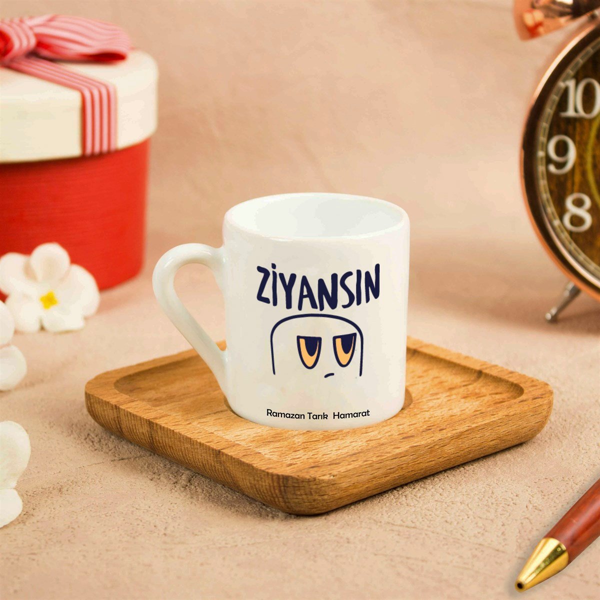 İsme Özel Ahşap Altlıklı Ziyansın Temalı Fincan Seti