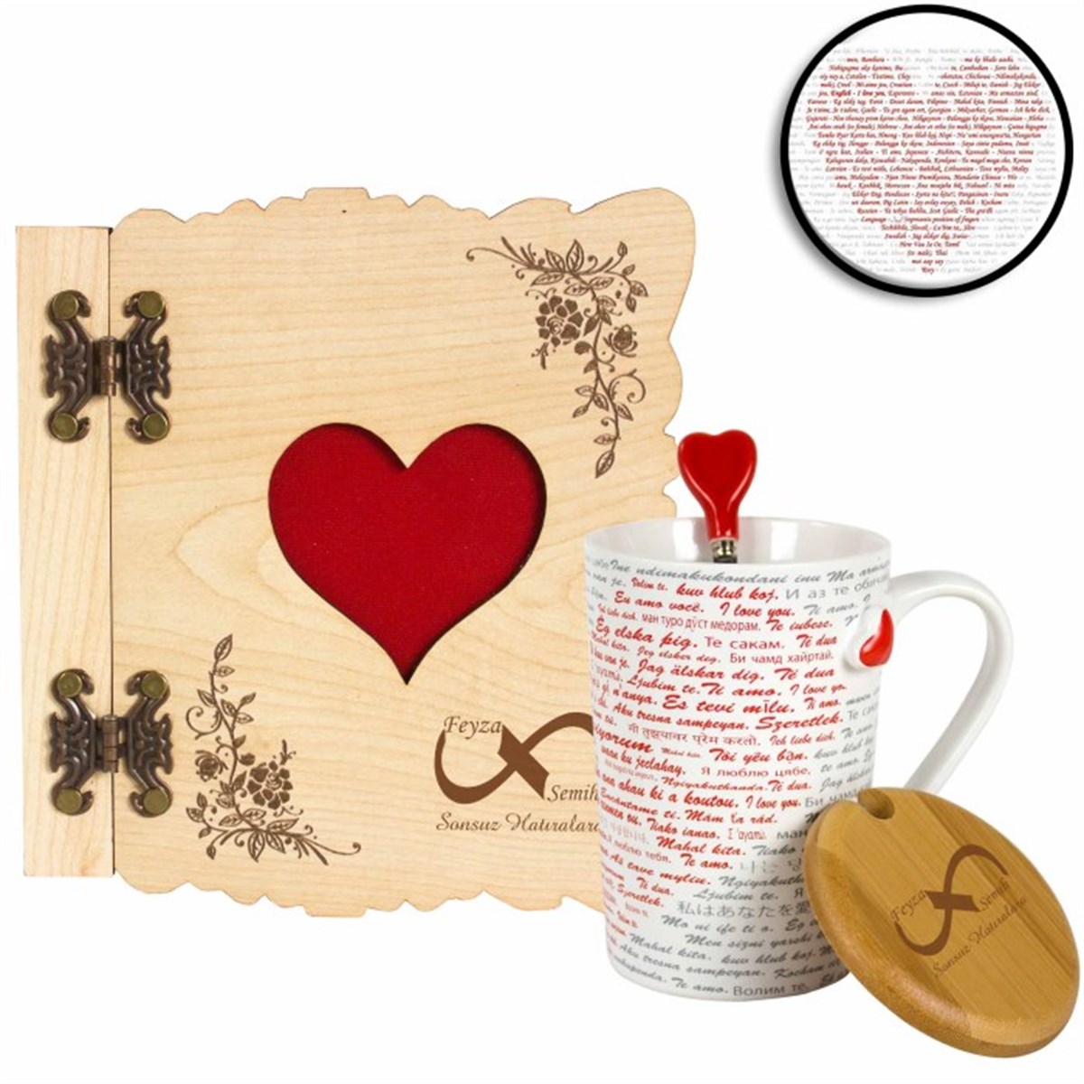 İsme Özel Ahşap Kapaklı Hatıra Defteri Ve 100 Dilde Seni Seviyorum Kupa Bardak Seti - Sonsuzluk