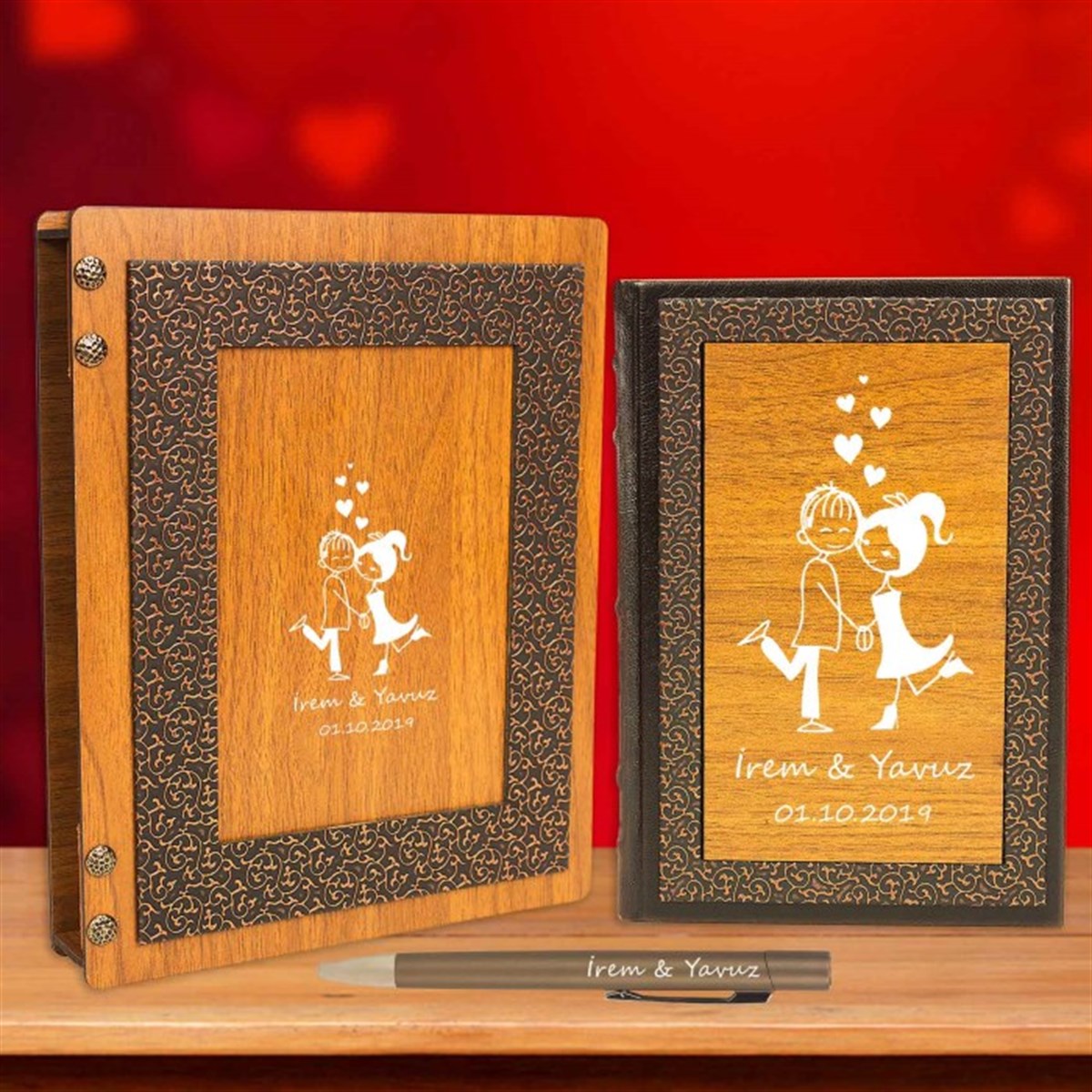 İsme Özel Ahşap Kutulu Romantik Çift Temalı Ajanda ve Kalem Seti​