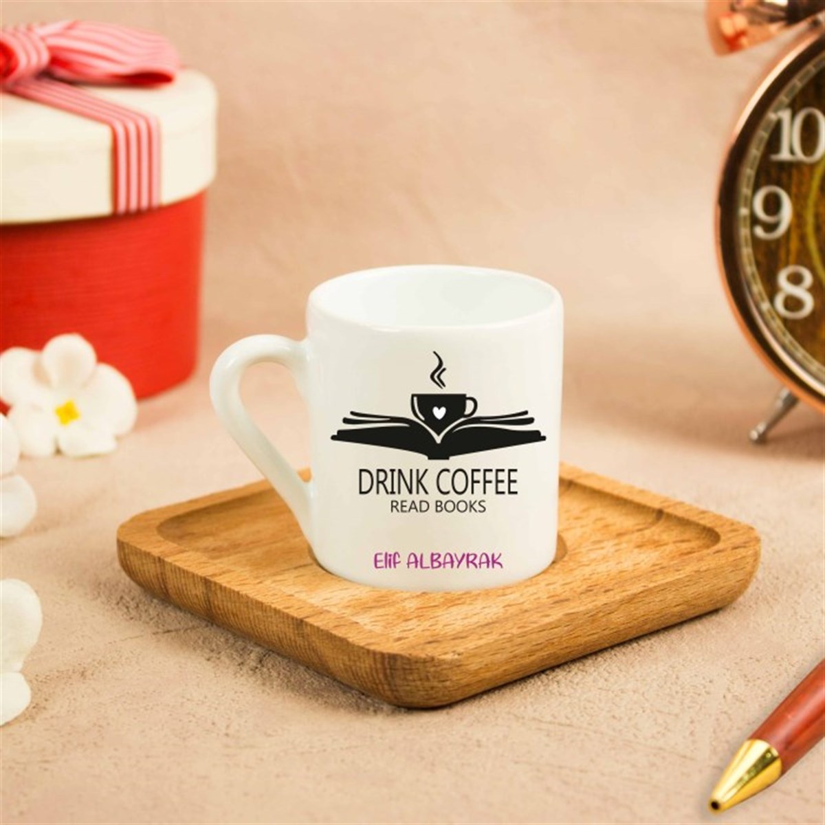 İsme Özel Ahşap Tepsili Fincan Seti - Coffe