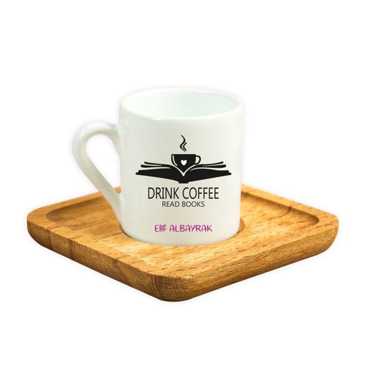 İsme Özel Ahşap Tepsili Fincan Seti - Coffe