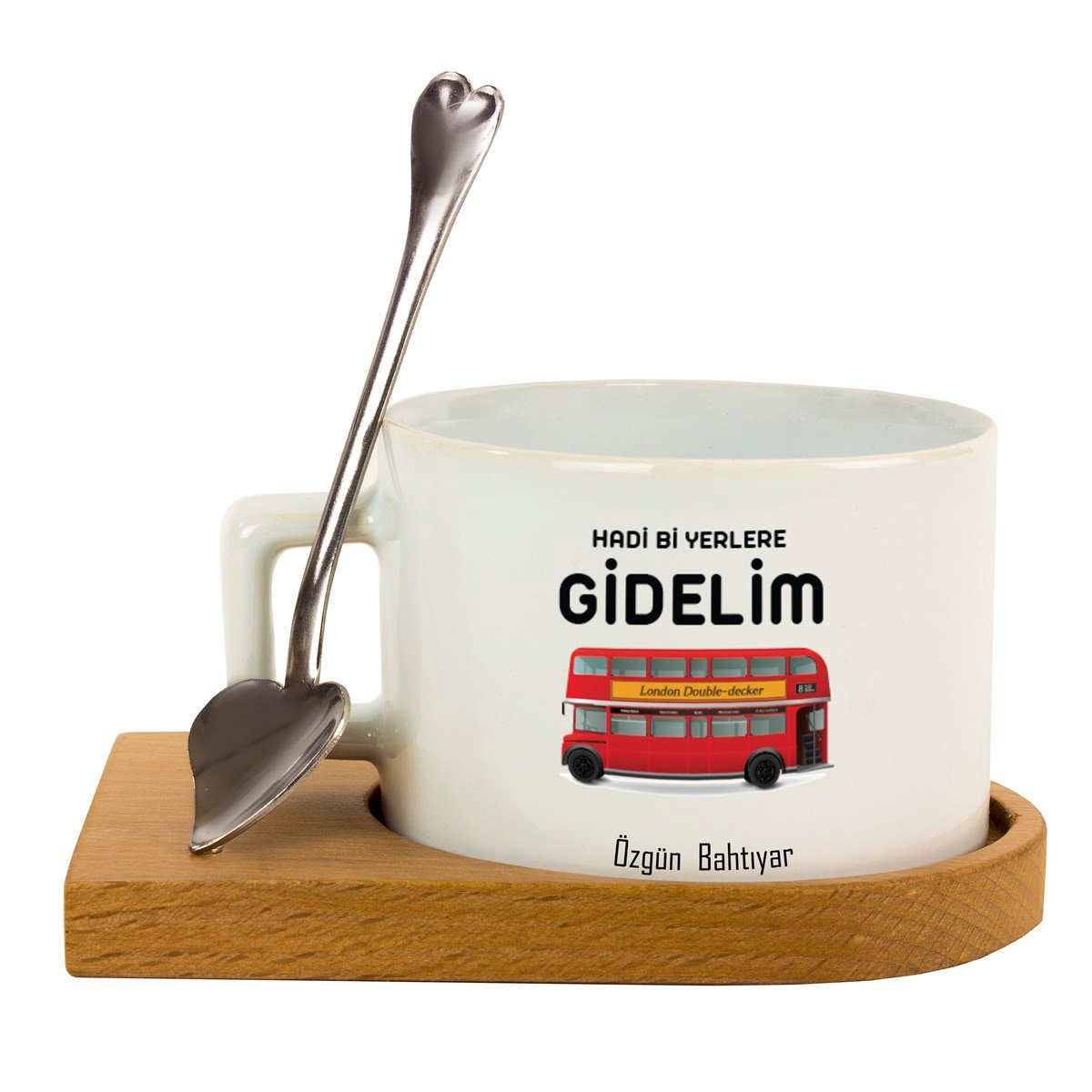 İsme Özel Ahşap Tepsili Kahve Çay Fincanı Seti - Hadi Bi Yerlere Gidelim
