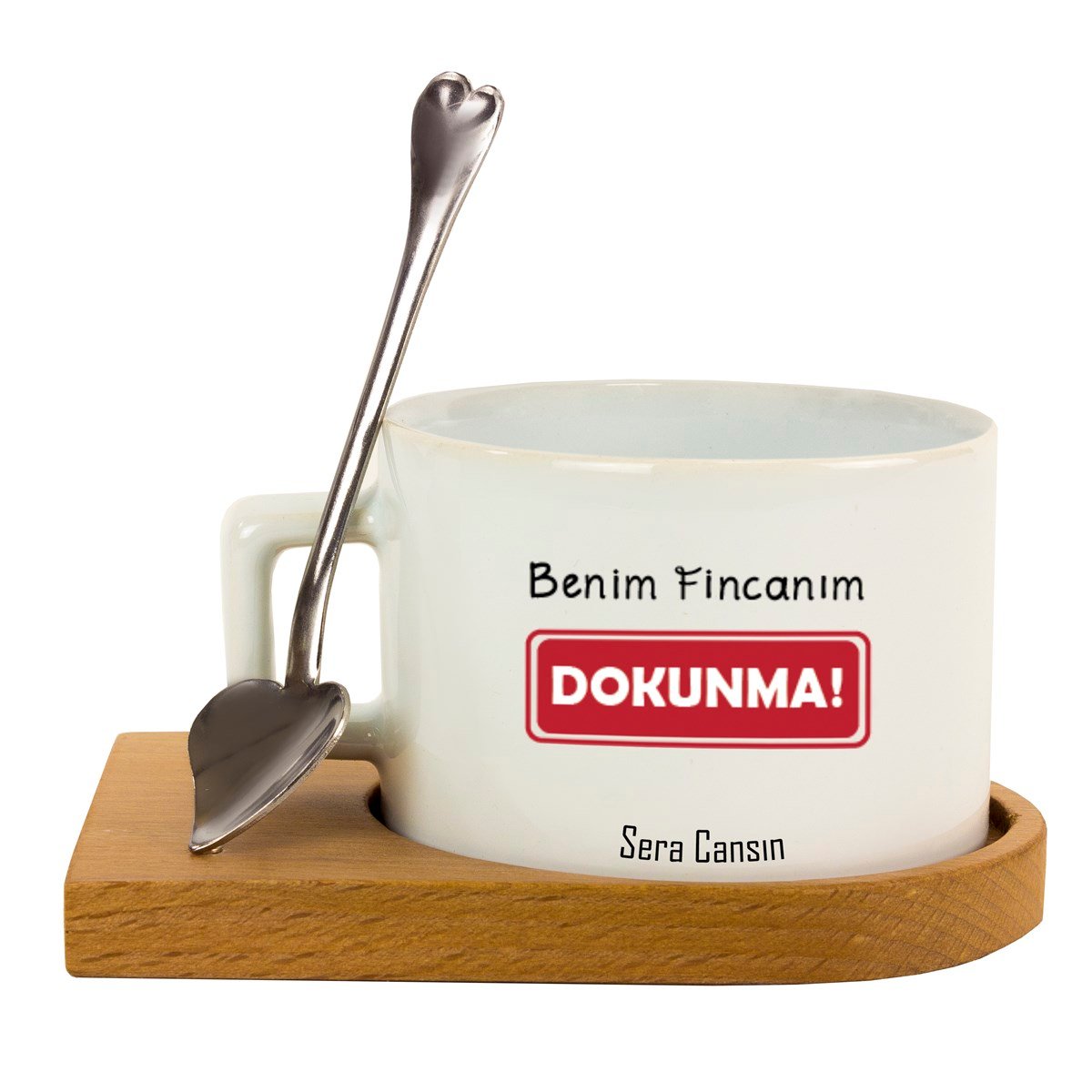 İsme Özel Ahşap Tepsili Kahve Çay Fincanı Seti - Benim Fincanım Dokunma