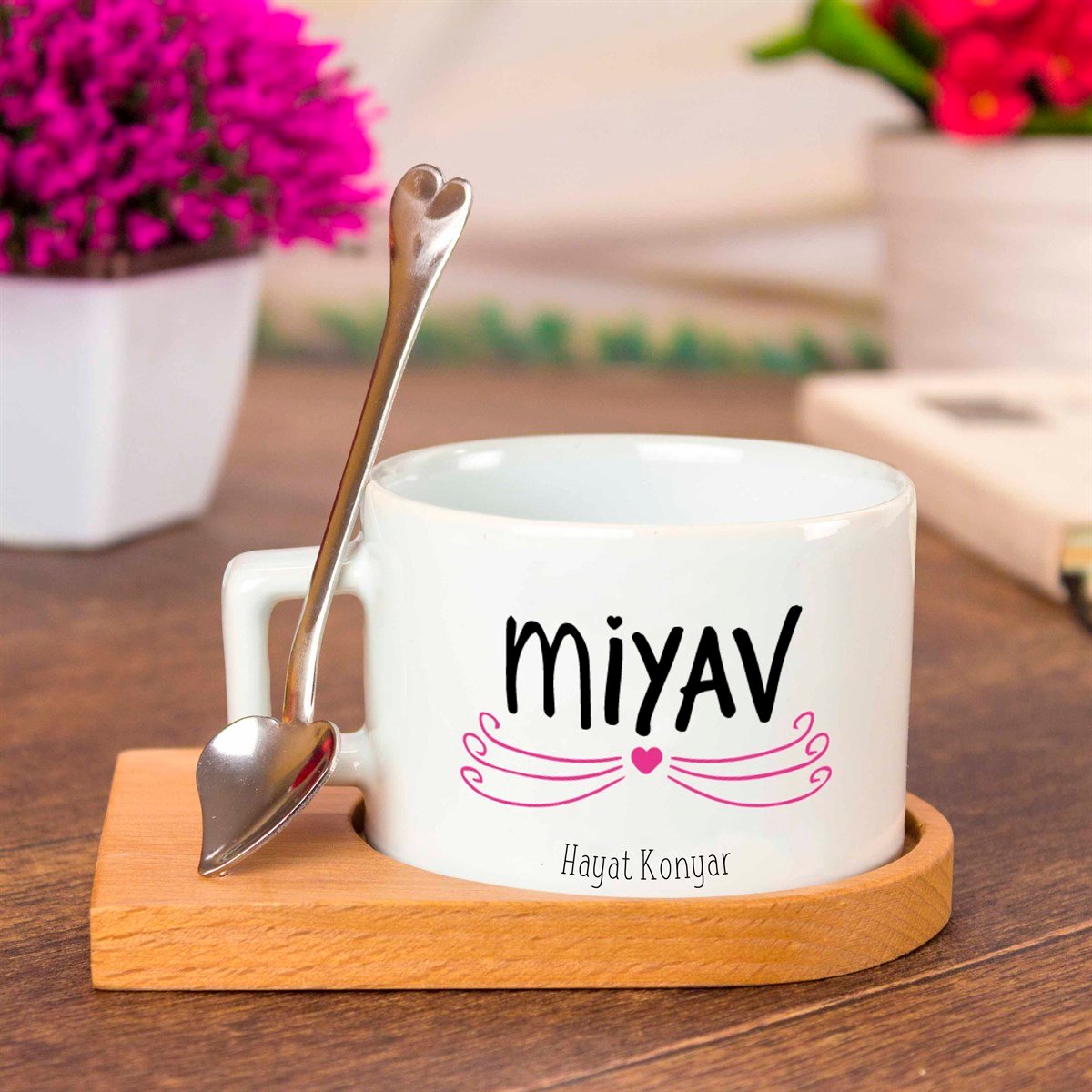 İsme Özel Ahşap Tepsili Kahve Çay Fincanı Seti - Miyav M2