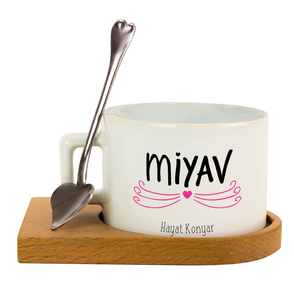 İsme Özel Ahşap Tepsili Kahve Çay Fincanı Seti - Miyav M2