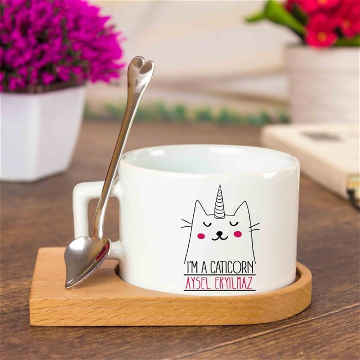 İsme Özel Ahşap Tepsili Kahve Çay Fincanı Seti - Caticorn M2