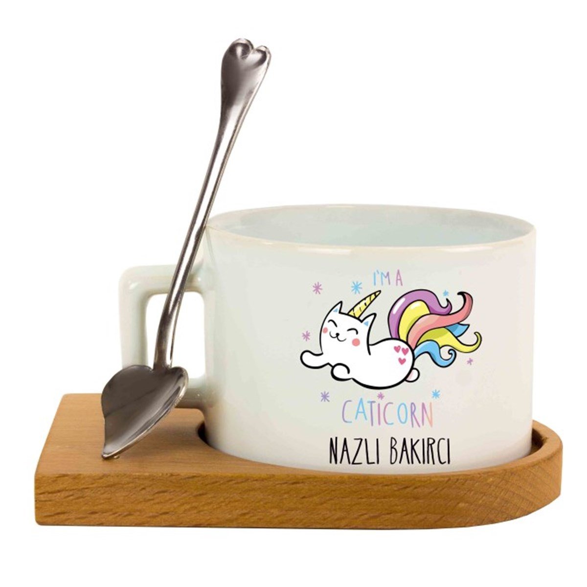 İsme Özel Ahşap Tepsili Kahve Çay Fincanı Seti - Caticorn