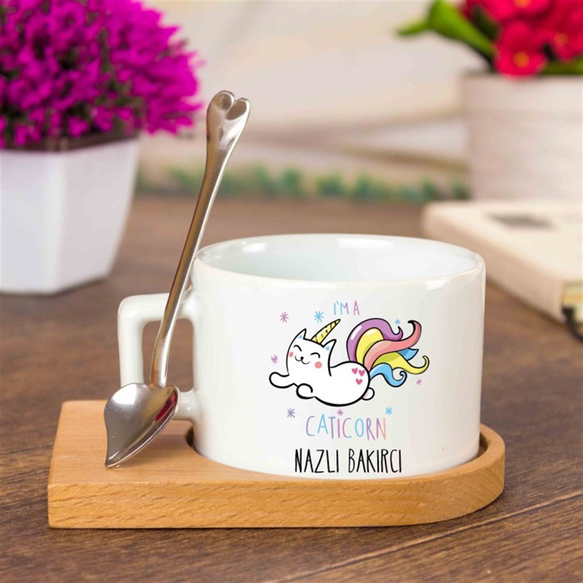 İsme Özel Ahşap Tepsili Kahve Çay Fincanı Seti - Caticorn